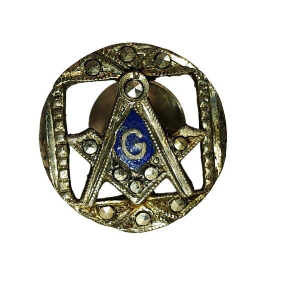 Vintage Masonic Lapel Pin With Blue Enamel Letter G & Rhinestones A329 - Picture 2 of 4